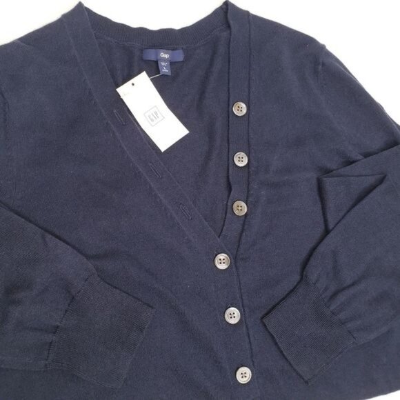 GAP Navy V-Neck Button Front Silk Blend Pullover Sweater - Picture 3 of 7